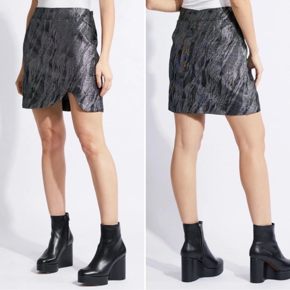 Ganni Jacquard Metallic Notched Mini Skirt Silver Black Sz 36 / 4 NWT